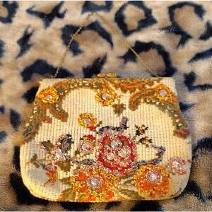 Vintage Delill Beaded Floral Evening Bag Kiss Lock Clutch Purse Gold Chain